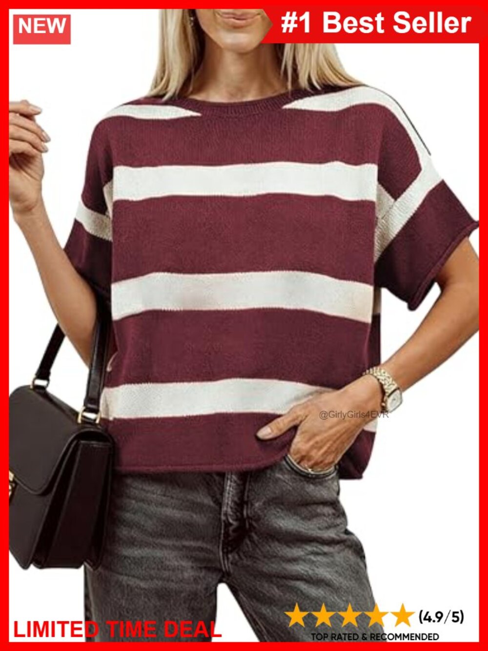 Striped Short Sleeve Crewneck Knit Pullover Sweater Women